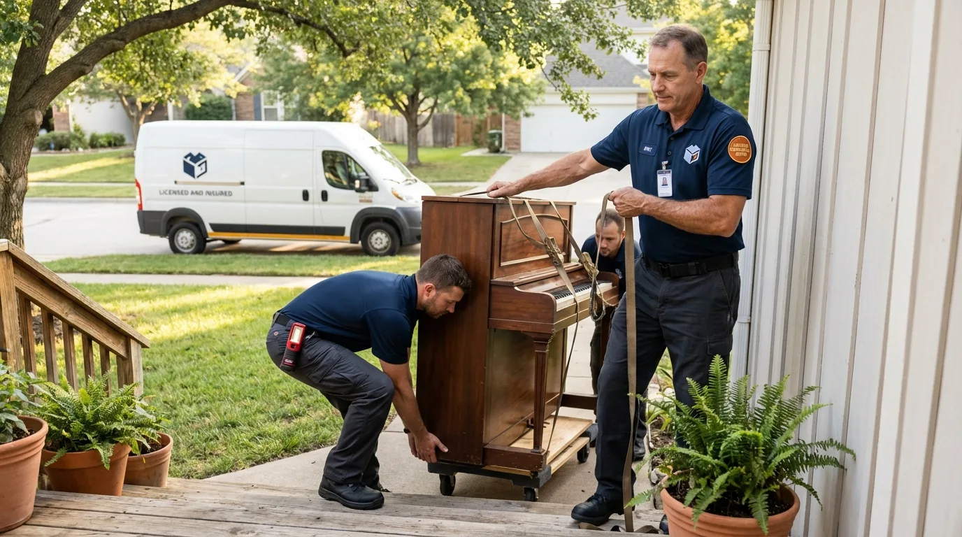 Licensed piano movers securing grand piano in Whately, MA