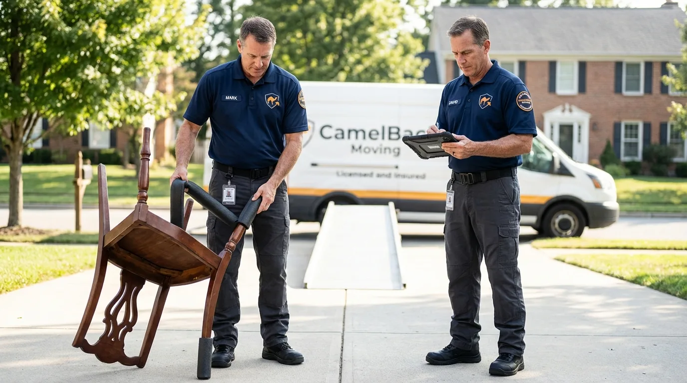 Movers inspecting furniture for damage prevention before loading in Whately, MA