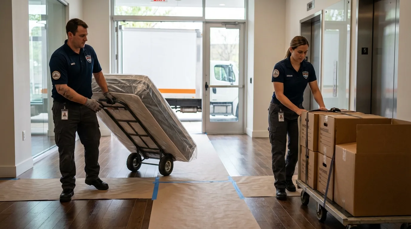 Professional apartment movers loading elevator in Whately, MA
