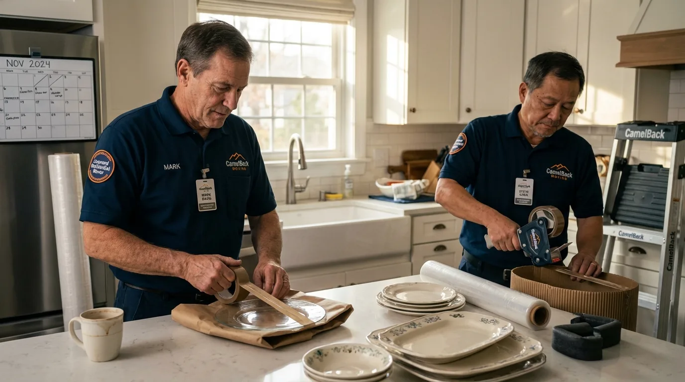 Professional crew packing kitchen dishware in Whately, MA